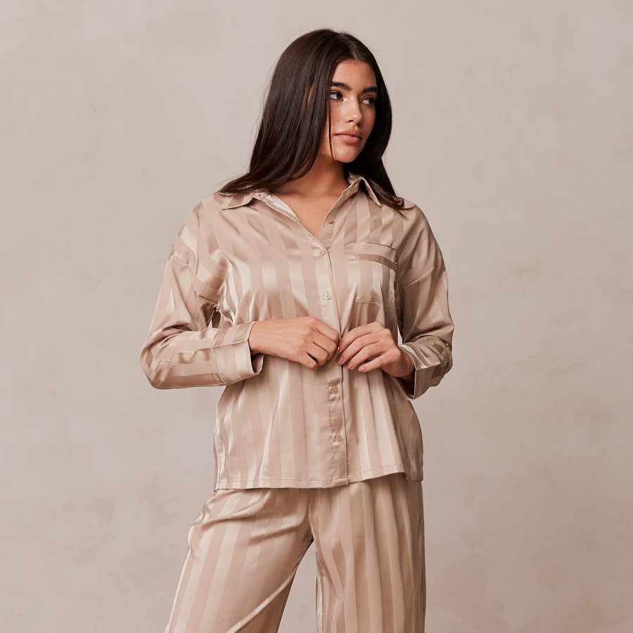 Sleep Lounge Pyjama Tops | Striped Satin Pyjama Shirt - Mink