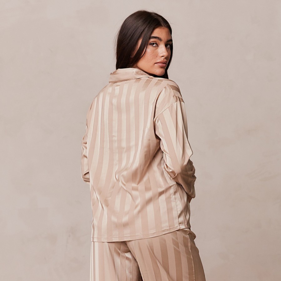 Sleep Lounge Pyjama Tops | Striped Satin Pyjama Shirt - Mink