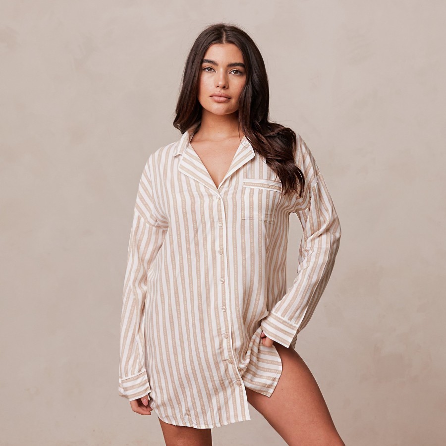 Sleep Lounge Pyjama Tops | Pinstripe Oversized Pyjama Shirt - Mink