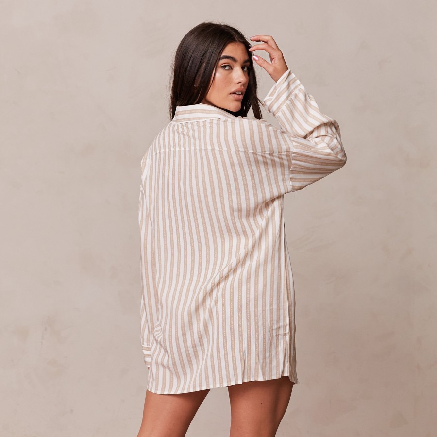 Sleep Lounge Pyjama Tops | Pinstripe Oversized Pyjama Shirt - Mink