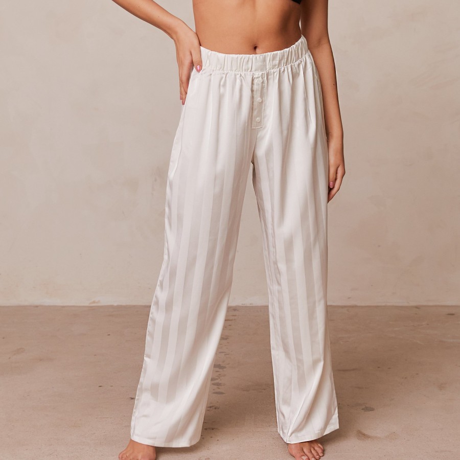 Sleep Lounge Pyjama Bottoms | Striped Satin Pyjama Trousers - Pearl