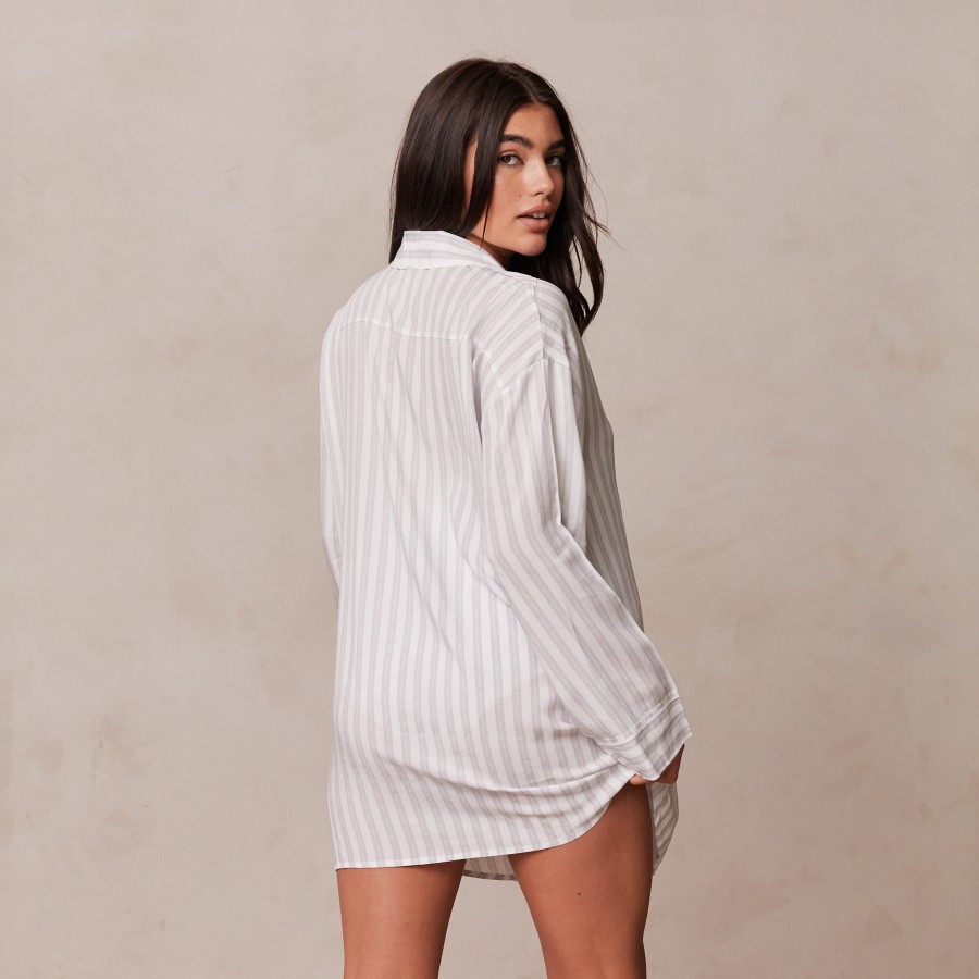 Sleep Lounge Pyjama Tops | Pinstripe Oversized Pyjama Shirt - Frost