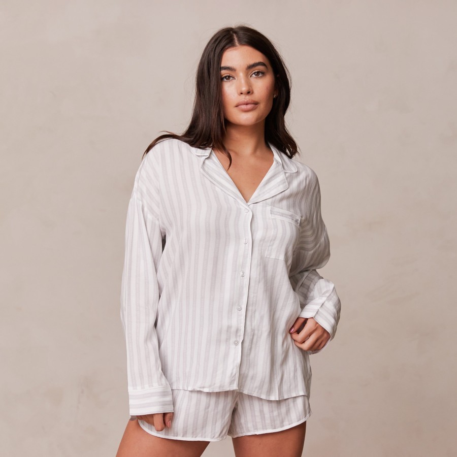 Sleep Lounge Pyjama Tops | Pinstripe Pyjama Shirt - Frost