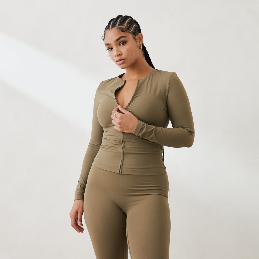 Apparel Lounge T-Shirts & Tops | Essential Long Sleeve Zip Up Top - Olive