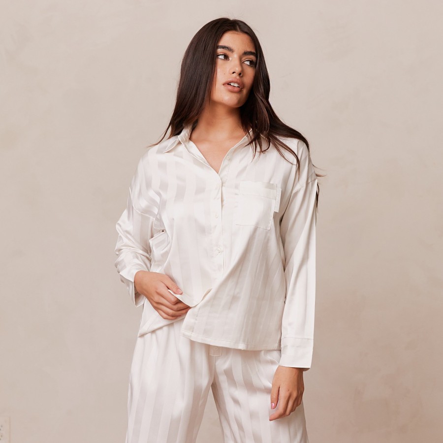 Sleep Lounge Pyjama Tops | Striped Satin Pyjama Shirt - Pearl