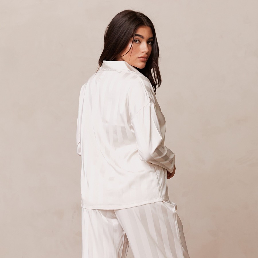 Sleep Lounge Pyjama Tops | Striped Satin Pyjama Shirt - Pearl