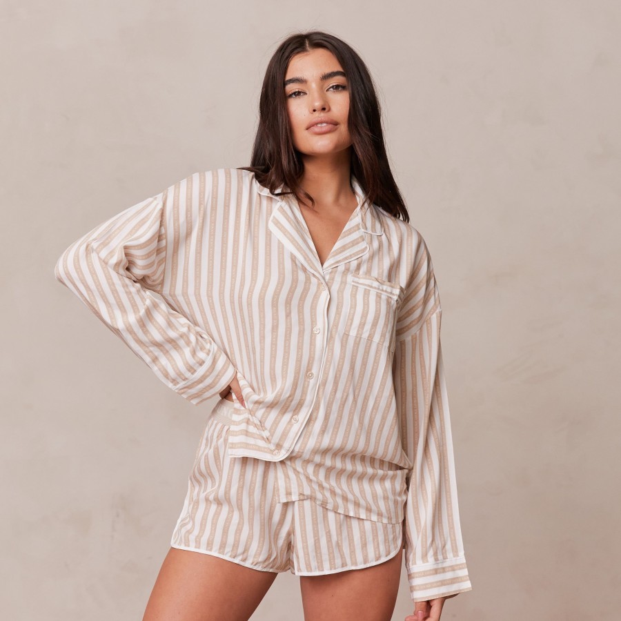 Sleep Lounge Pyjama Tops | Pinstripe Pyjama Shirt - Mink