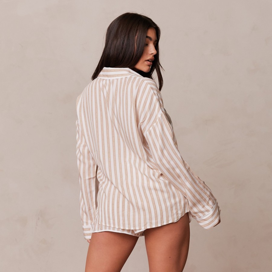 Sleep Lounge Pyjama Tops | Pinstripe Pyjama Shirt - Mink